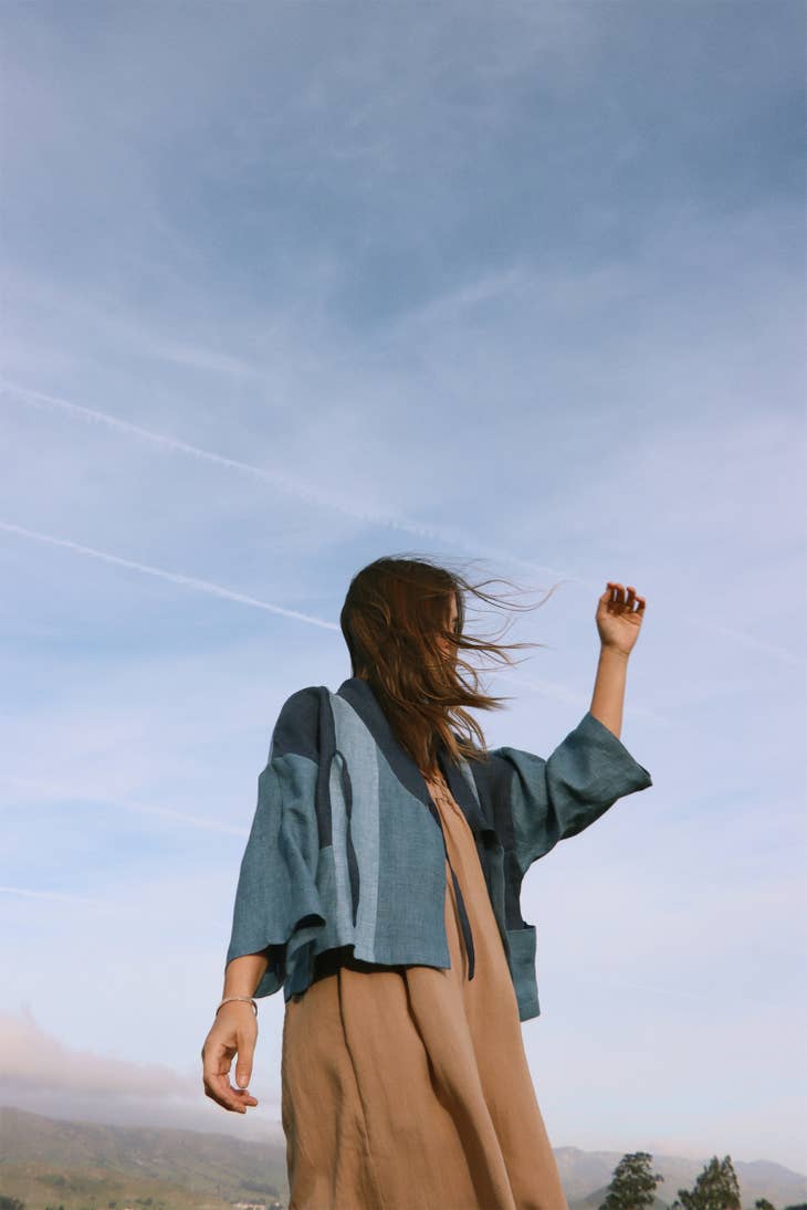 Linen Color-Blocked Jacket - Denim Tones