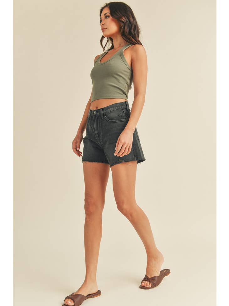Clean High Rise Slit Short - Washed Black Denim