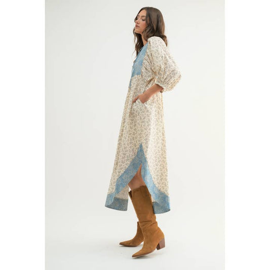 Nature Print Midi Dress - Natural/Blue