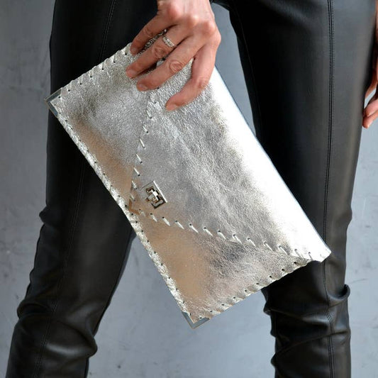 Symmetria Leather Clutch - Silver