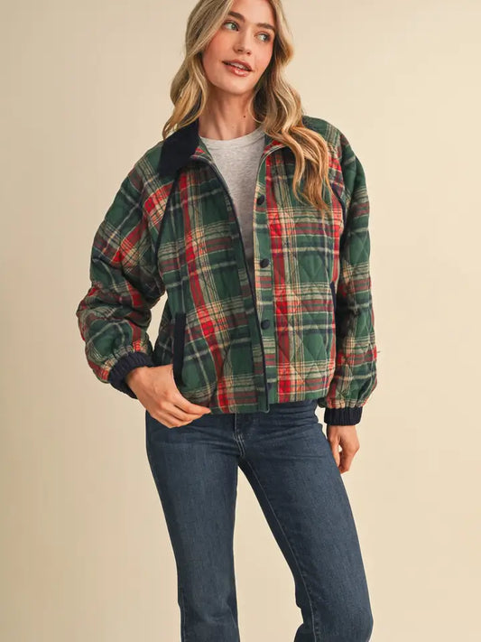 Plaid Quilted Jacket - Green Navy Plaid