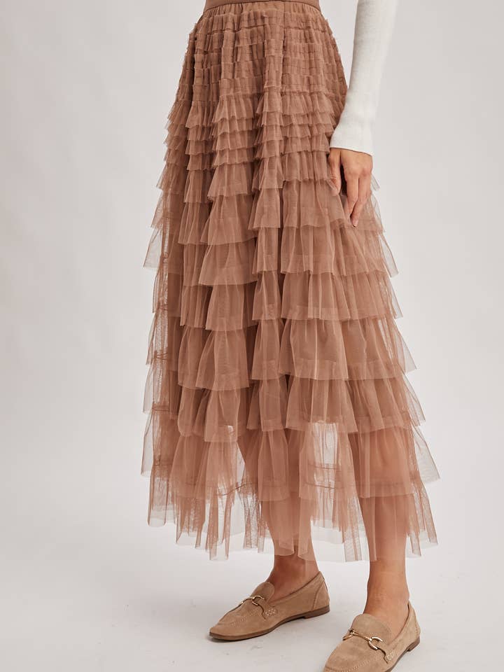 Ruffled Tulle Midi Skirt - Mocha