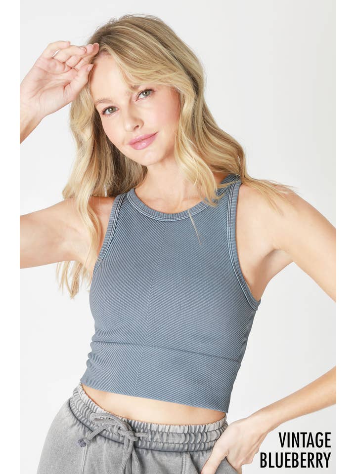 Chevron Highneck Crop Top - Vintage Blueberry
