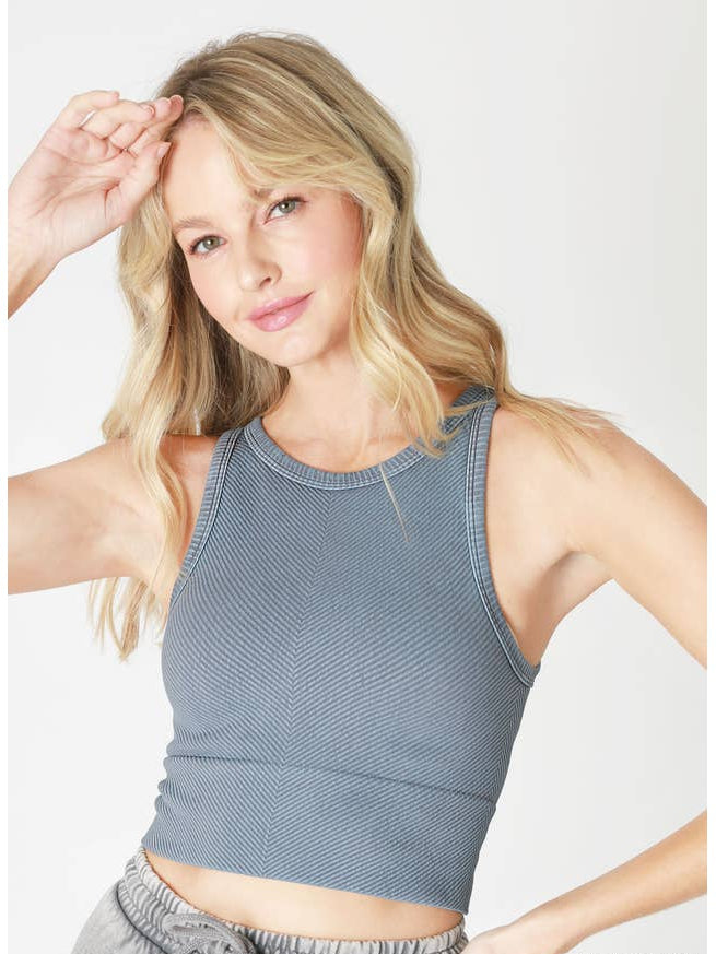 Chevron Highneck Crop Top - Vintage Blueberry