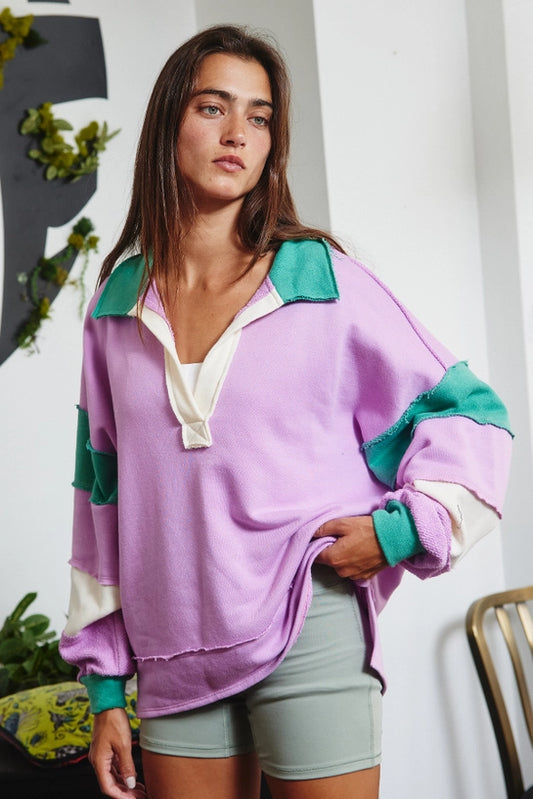 Color Block Rugby Top - Lavender/Green