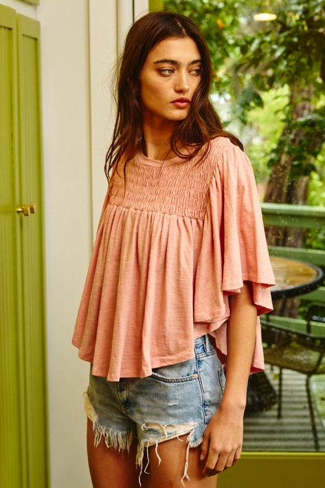 Flutter Sleeve Smocked Yoke Top - Salmon