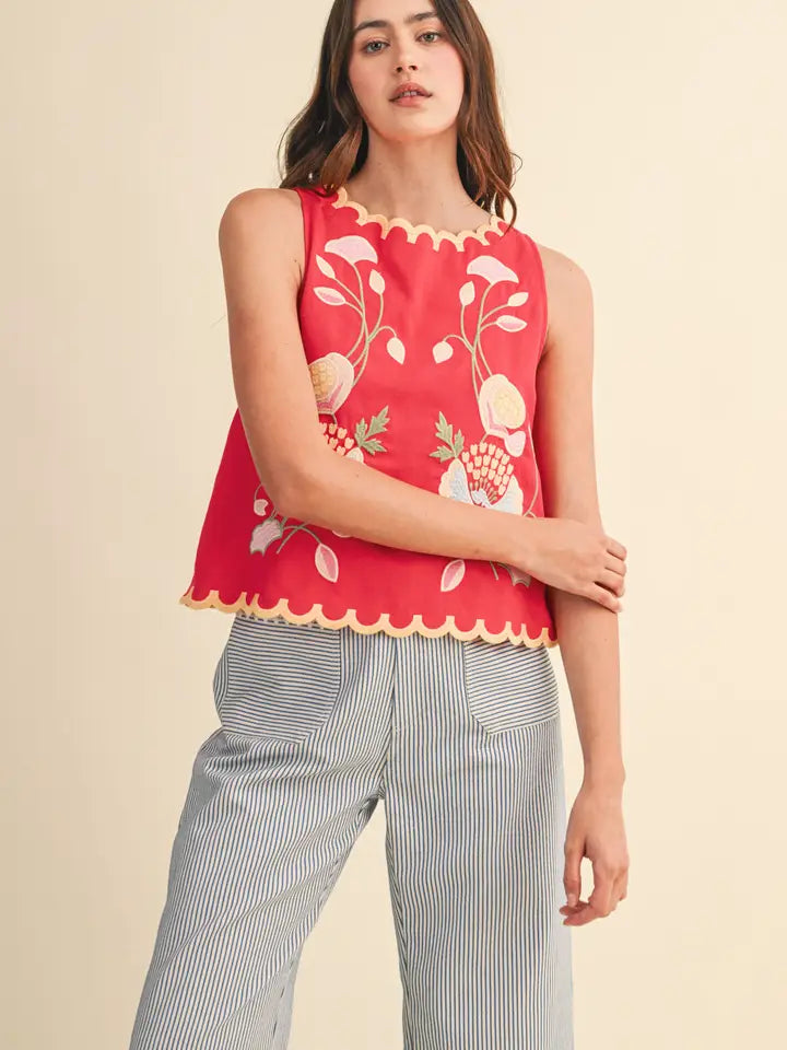 Floral Embroidery Scalloped Tank - Coral Red