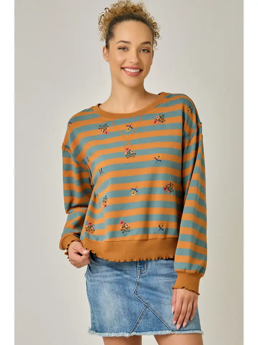 Embroidered Stripe Sweatshirt - Pumpkin/Teal