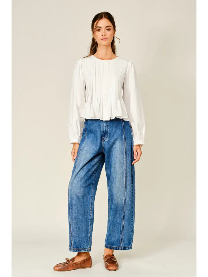 Pleated Babydoll Puff Sleeve Blouse - Off White