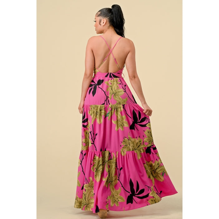Floral Printed Maxi Dress - Fuschia & Black
