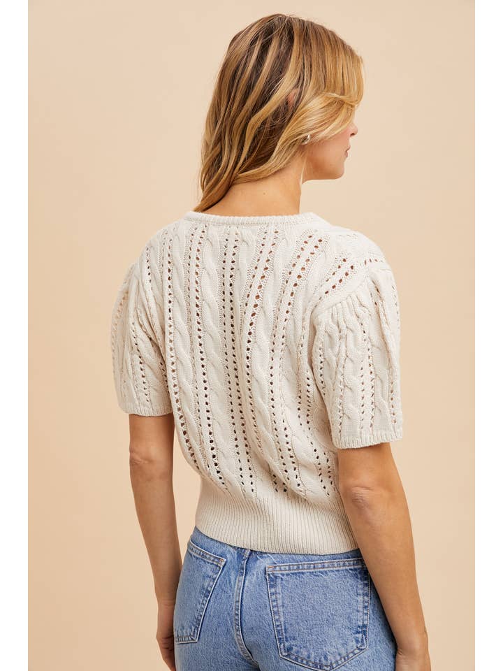 Cable Knit Puff Sleeve Cardigan - Creme