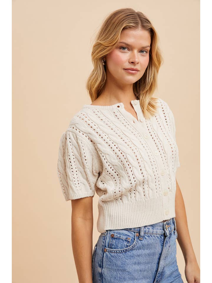 Cable Knit Puff Sleeve Cardigan - Creme