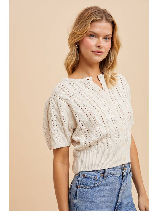 Cable Knit Puff Sleeve Cardigan - Creme