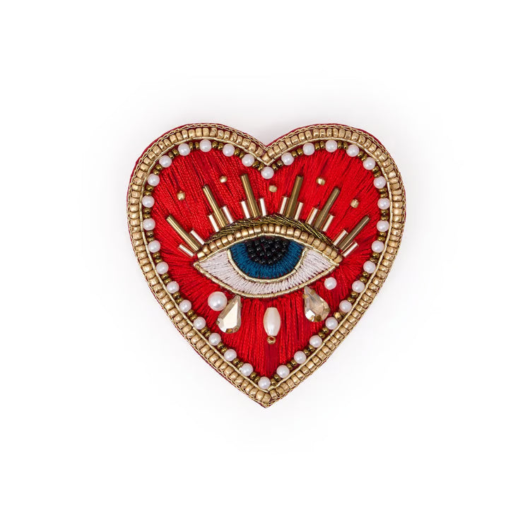 Avery Heart Eye Beaded Brooch - Red