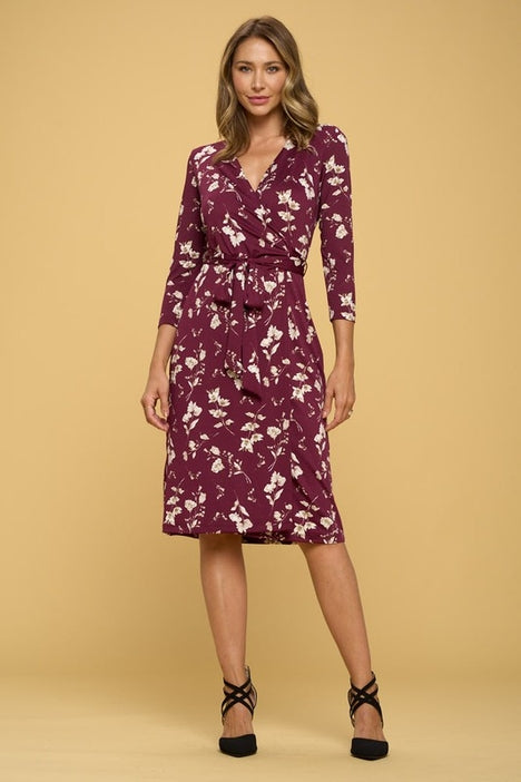 Floral Print V Neck Wrap Dress - Burgundy