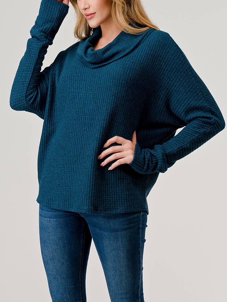 Brushed Knit Cowl Neck Tunic Top - Ink Blue