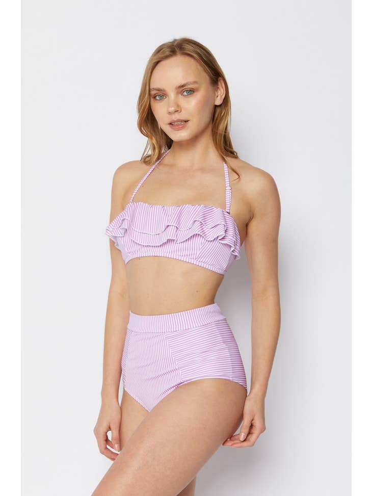Ruffled Bandeau Swimsuit - Pink Stripe