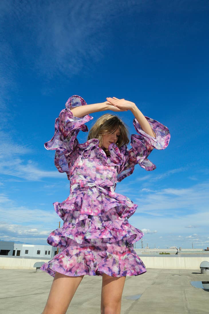 Ruffled Watercolor Mini Dress - Purple