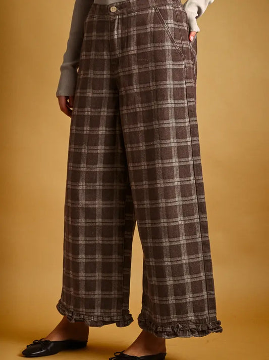 Ruffle Detail Plaid Pants - Chocolate