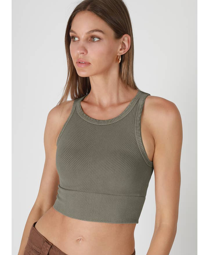 Chevron Highneck Crop Top - Vintage Smoky Olive