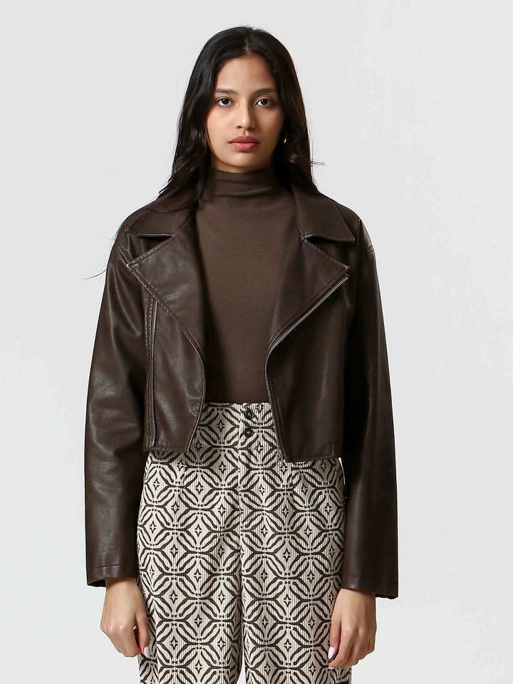 Zipper Faux Leather Jacket - Brown