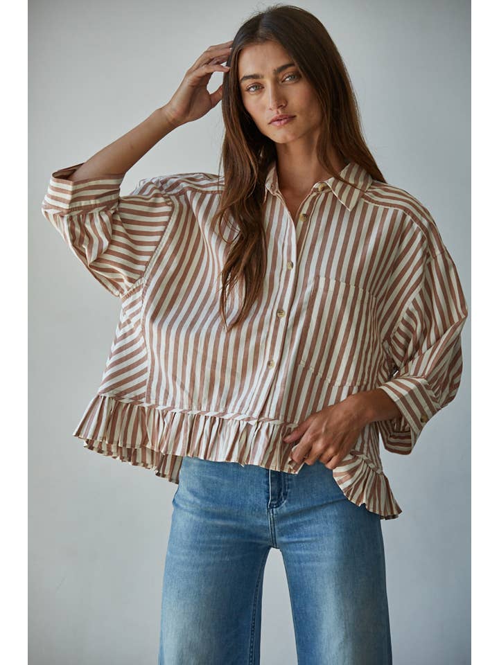Ruffle Hem Button Down - Ivory/Rust