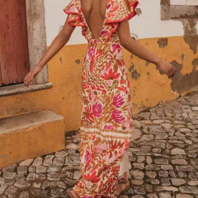 Ruffled Backless Dress - Red