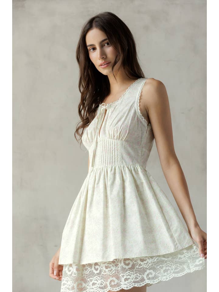Lace Trim Floral Mini Dress - Cream