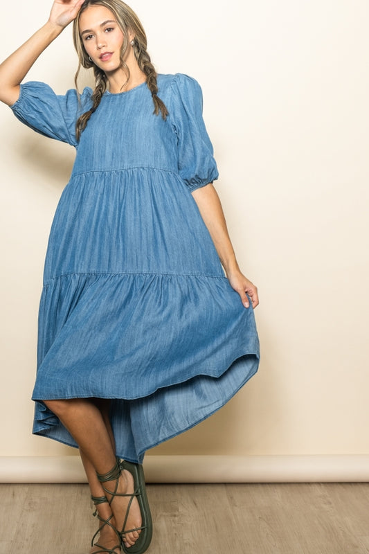 Chambray Tiered Midi Dress - Medium