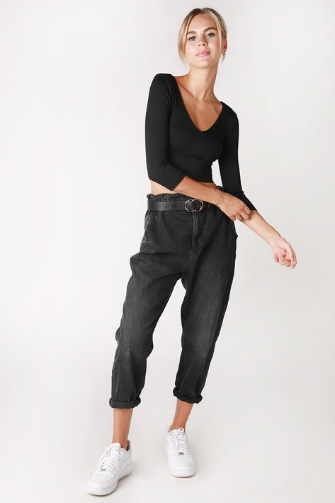 3/4 Sleeve V Neck Crop Top - Black