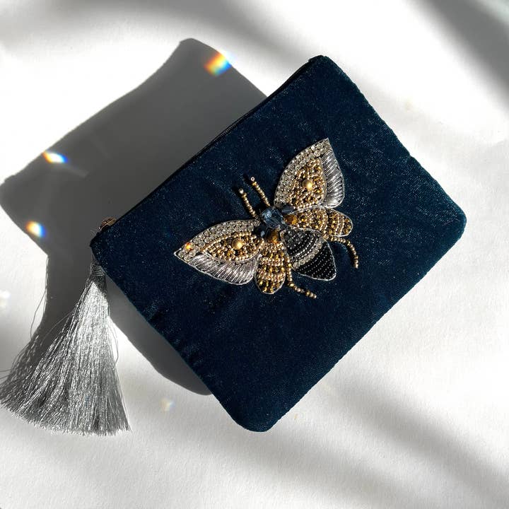 Gilded Bee Velvet Pouch - Navy