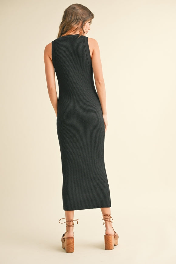 Button Front Ribbed Midi Dress - Black