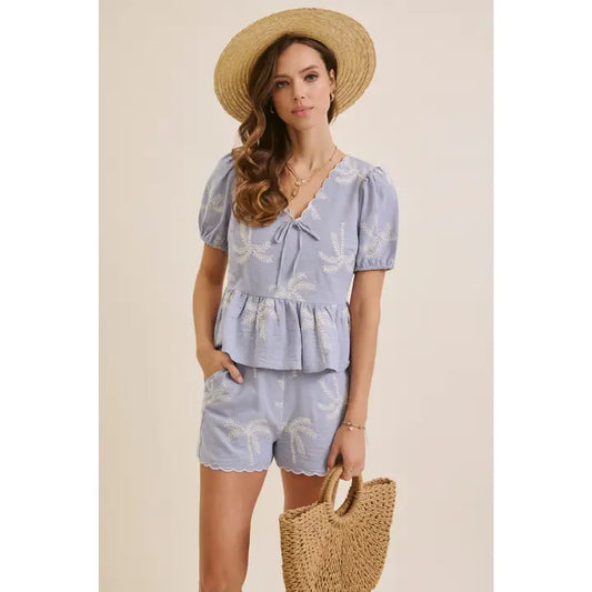 Embroidered Gauze Blouse - Sky Blue