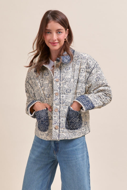Quilted Bandana Print Jacket - Cream