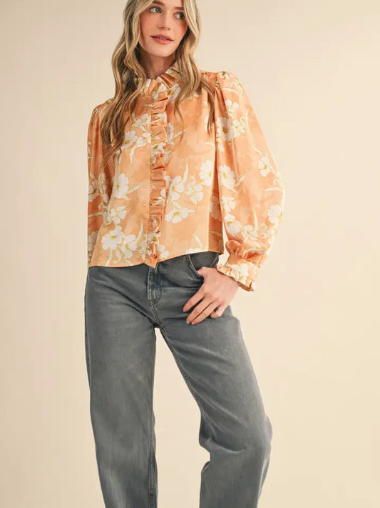 Floral Ruffle Long Sleeve Button Down - Champagne