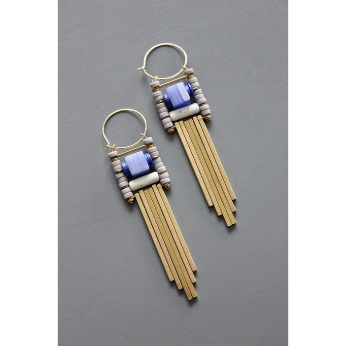 Geometric Lavender and Brass Hoop Earrings