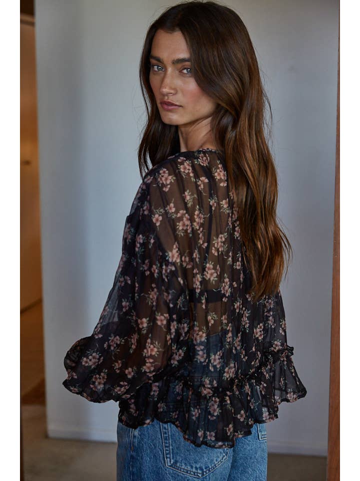 Floral Sheer Blouse - Black