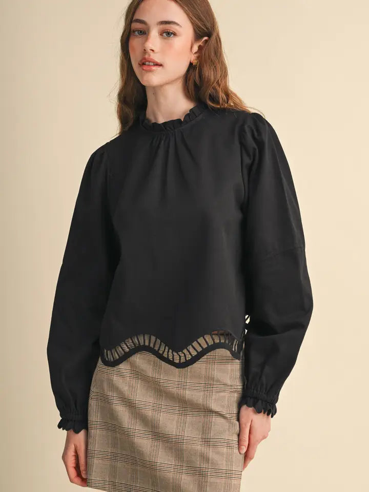 Embroidered Cut-Out Hem Long Sleeve Top - Black