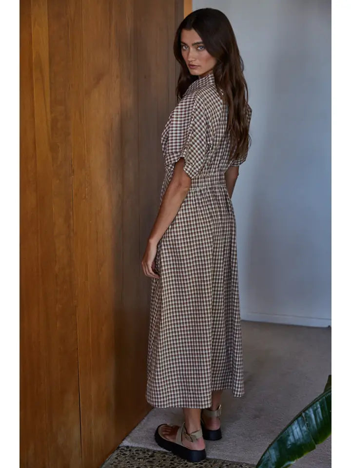 Woven Gingham Button Down Flare Maxi - Brown