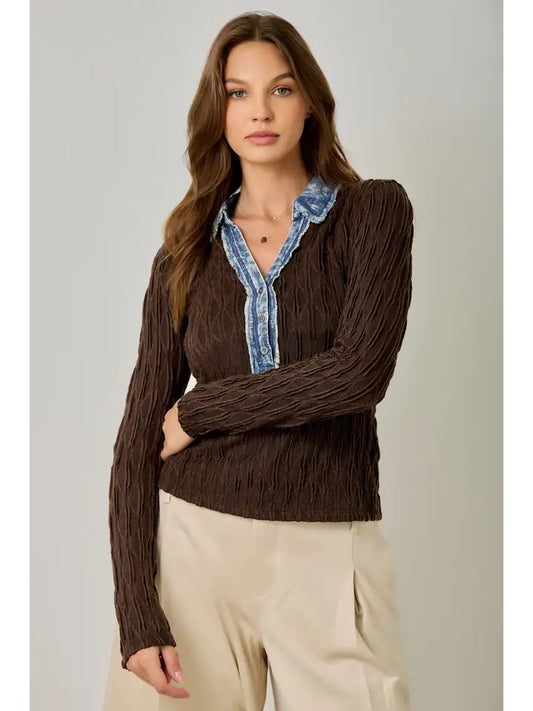 Denim Mix Henley Top - Choco Brown