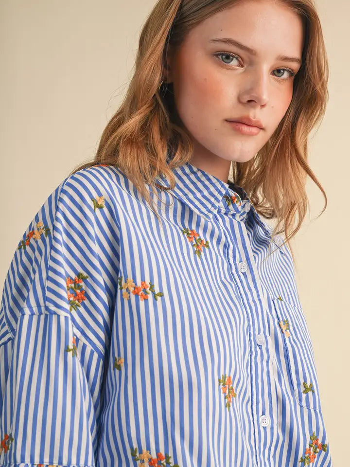 Embroidered Bubble Sleeve Button Down - Blue Stripe Floral