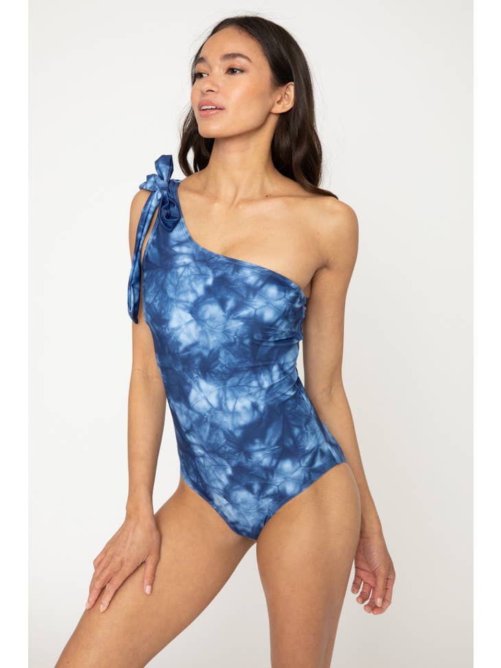 One-Off Shoulder Tie Swimsuit - Tie Dye Blue