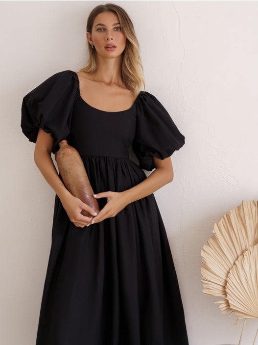 Cherie Puff Sleeve Midi Dress - Black