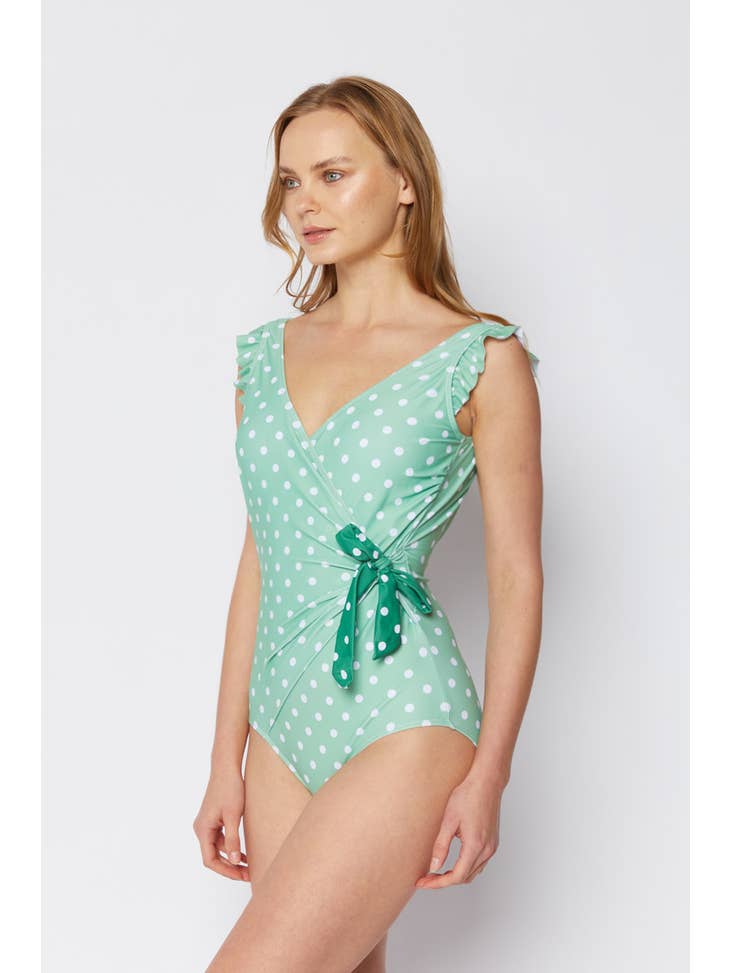 Ruffle Wrap Tie Swimsuit - Mint White Dot