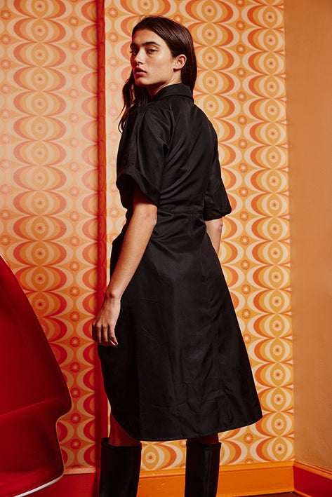 Satin Tulip Hem Shirt Dress - Black