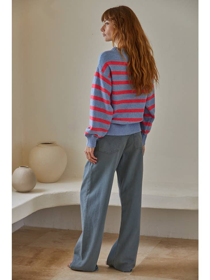 Davis Striped Sweater - Denim Fuchsia