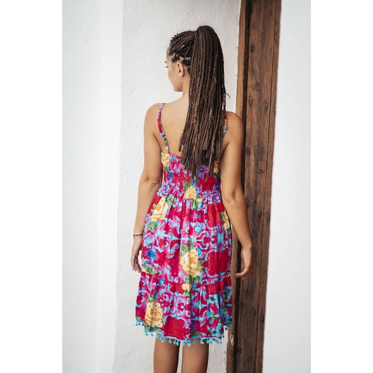 Floral Pompom Trim Dress