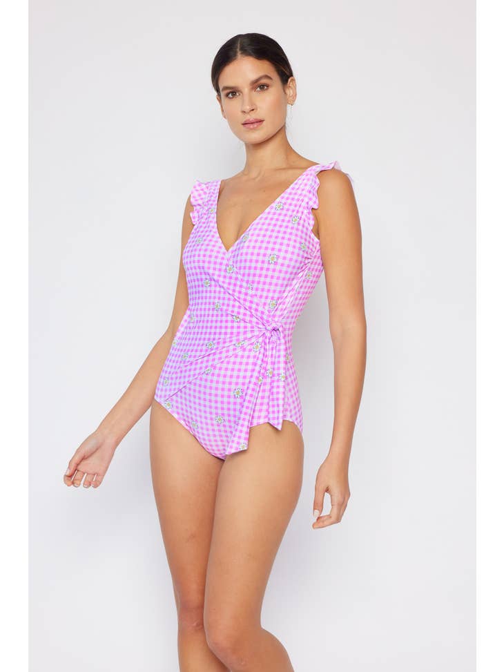 Ruffle Wrap Tie Swimsuit - Gingham Daisy Berry