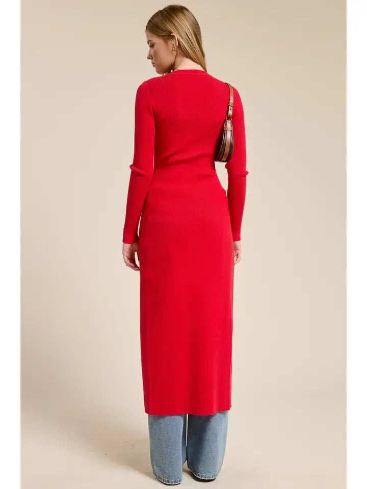 Ribbed Cardigan Midi Dress - Red