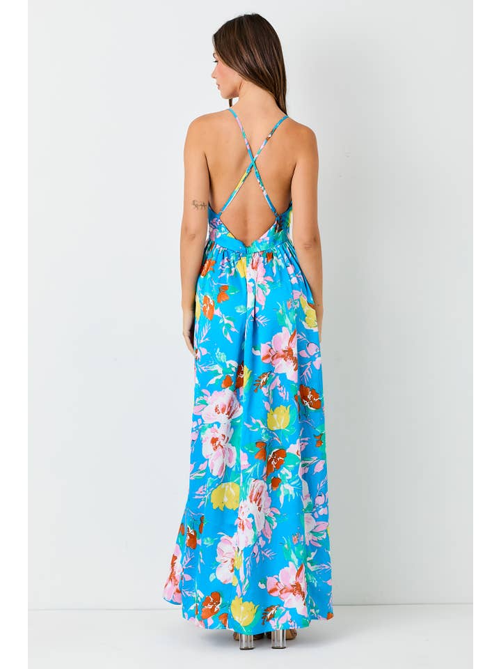 Deep V-Neck Maxi Dress - Blue Multi